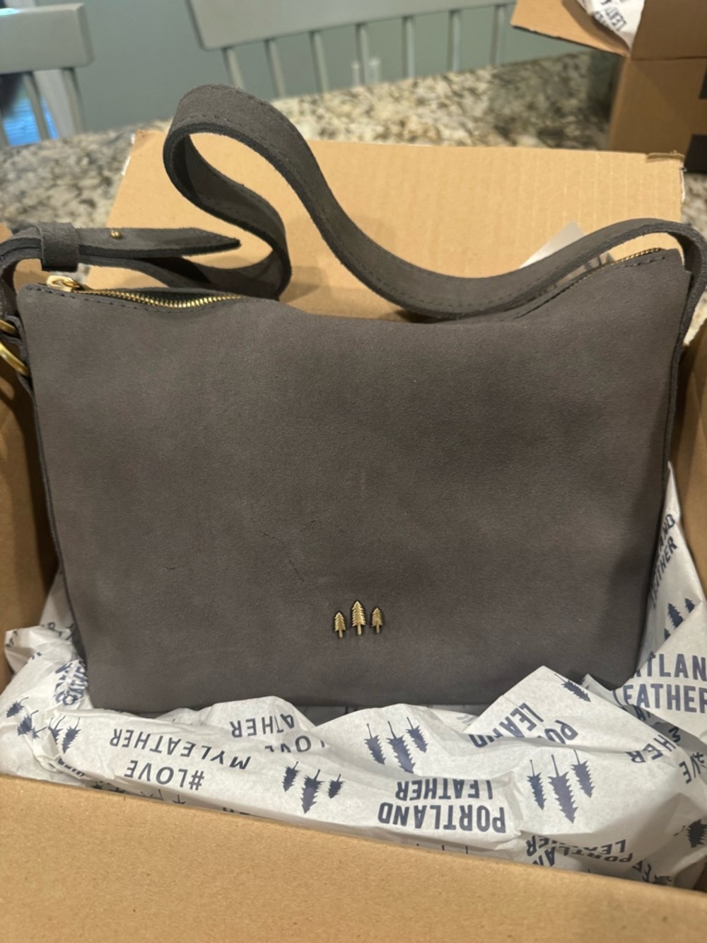 Portland Leather Gray Suede Shoulder Bag with Gold Accents